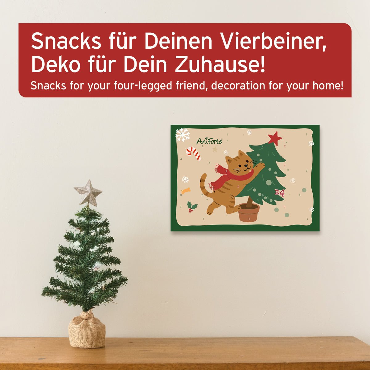 Adventskalender 2025 für Katzen mit natürlichen Snacks und festlicher Illustration