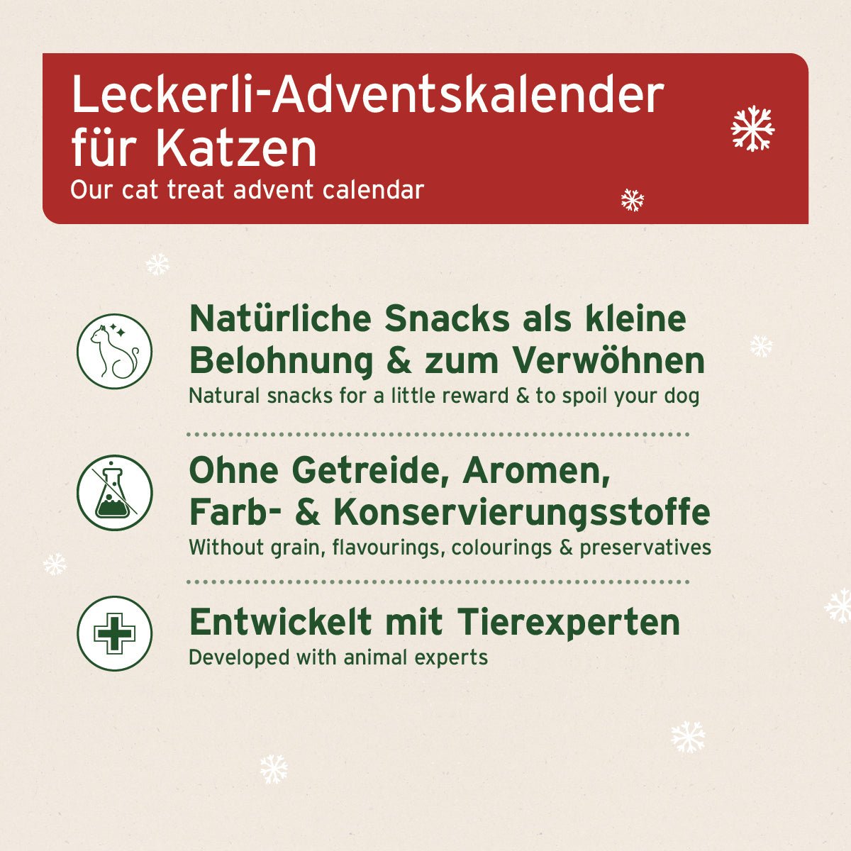 Adventskalender 2025 für Katzen mit natürlichen, getreidefreien Snacks, entwickelt mit Tierexperten, als tägliche Belohnung und Geschenkidee.