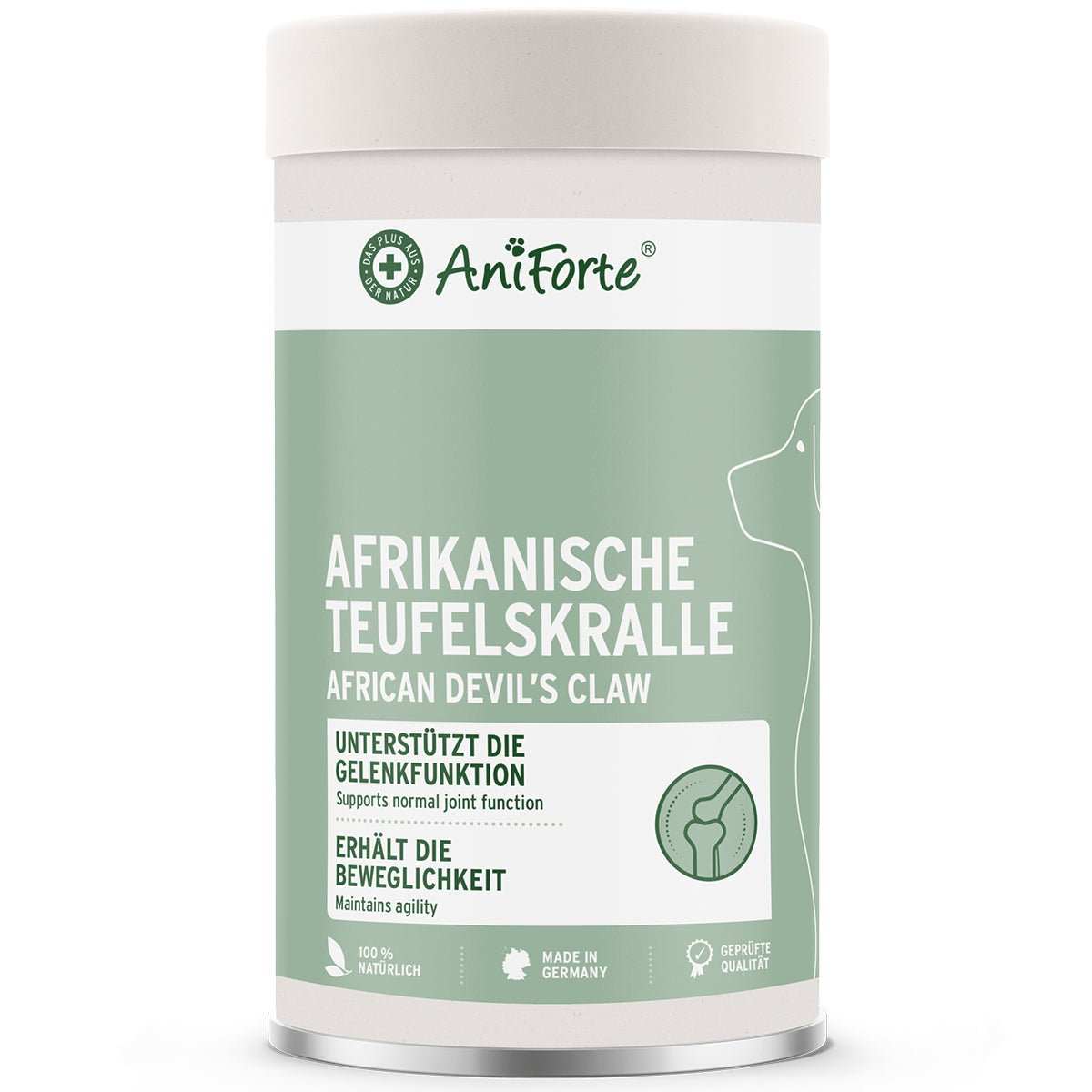 Dose Afrikanische Teufelskralle für Hunde und Katzen, unterstützt Gelenkfunktion und Beweglichkeit, AniForte® Produkt.
