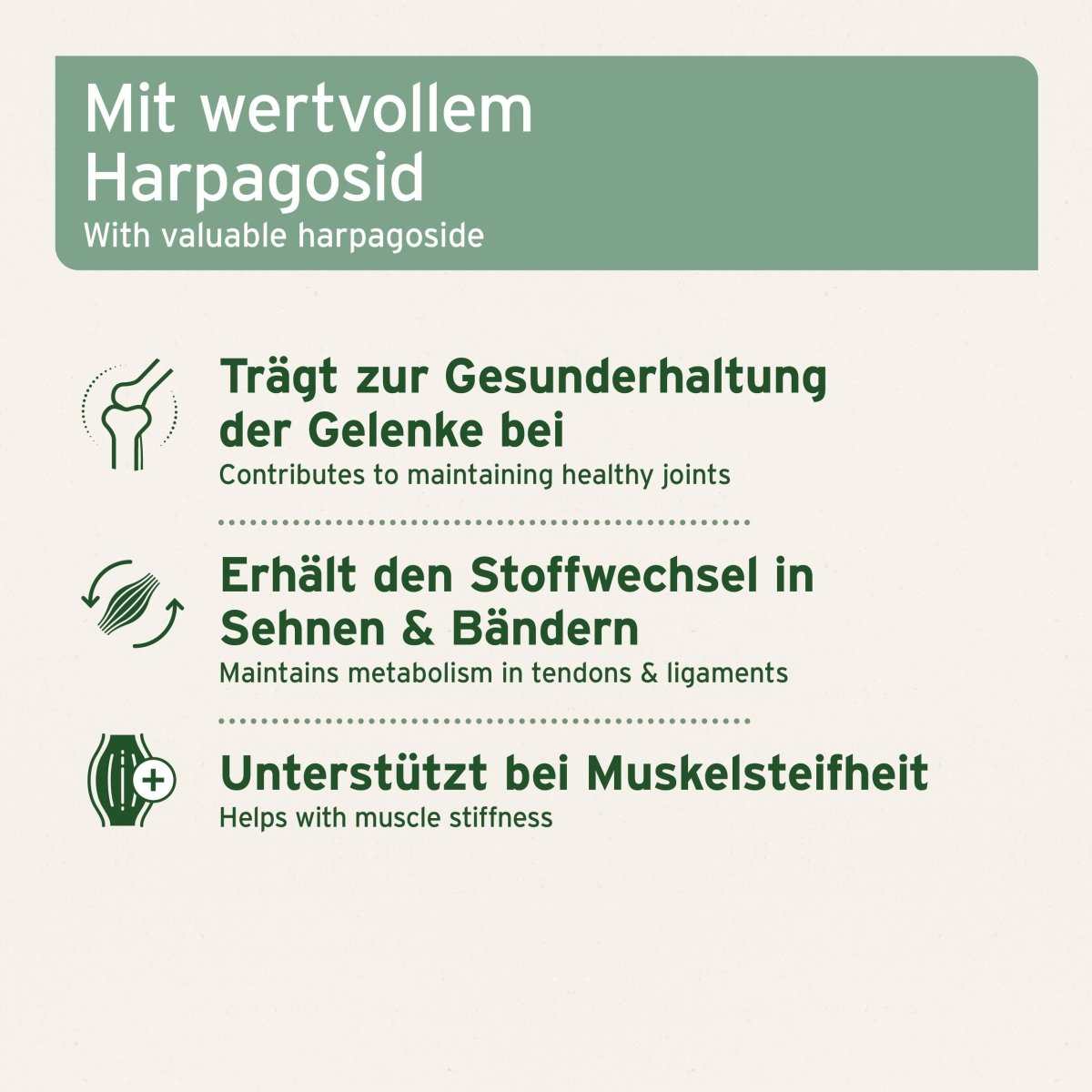 Grafik mit zusätzlichen Informationen Afrikanische Teufelskralle für Pferde mit Harpagosid zur Unterstützung der Gelenkgesundheit und Beweglichkeit.