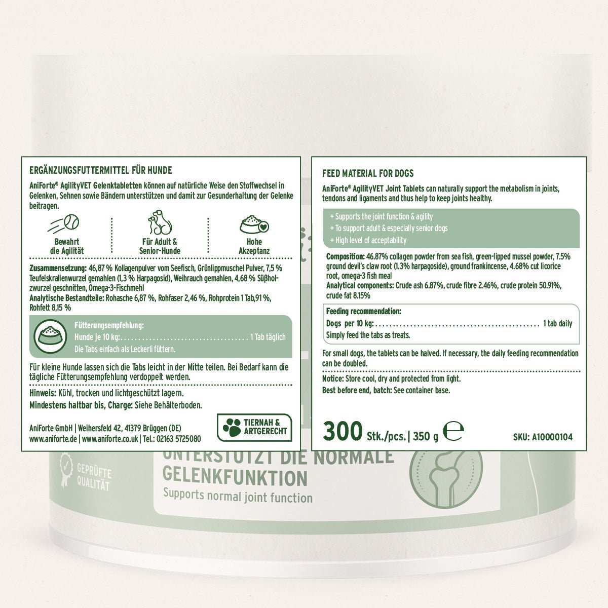 Produktetikett Gelenktabletten für Hunde zur Unterstützung von Gelenken, Sehnen und Bändern mit Kollagen und Teufelskralle, 300 Stück Packung.