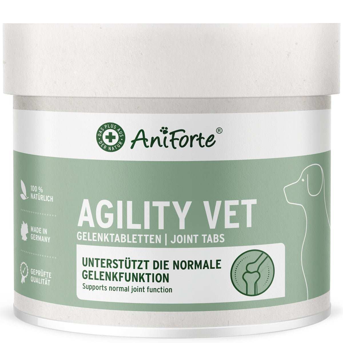 AgilityVET Gelenktabletten für Hunde von AniForte zur Unterstützung von Gelenken, Sehnen und Bändern mit natürlichen Inhaltsstoffen wie Kollagen und Teufelskralle.
