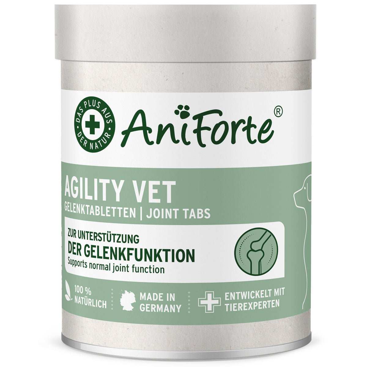 AniForte AgilityVET Gelenktabletten für Hunde zur Unterstützung von Gelenken, Sehnen und Bändern, getreidefreie Rezeptur mit Kollagen und Teufelskralle, natürliche Inhaltsstoffe.