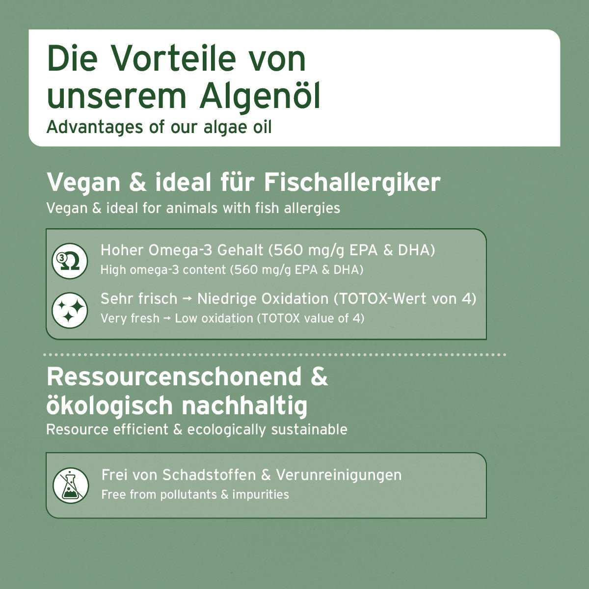 Produktbeschreibung Algenöl für Hunde, Katzen & Pferde in umweltfreundlicher Glasflasche, vegan, mit hohem Omega-3-Gehalt, ideal für Fischallergiker.