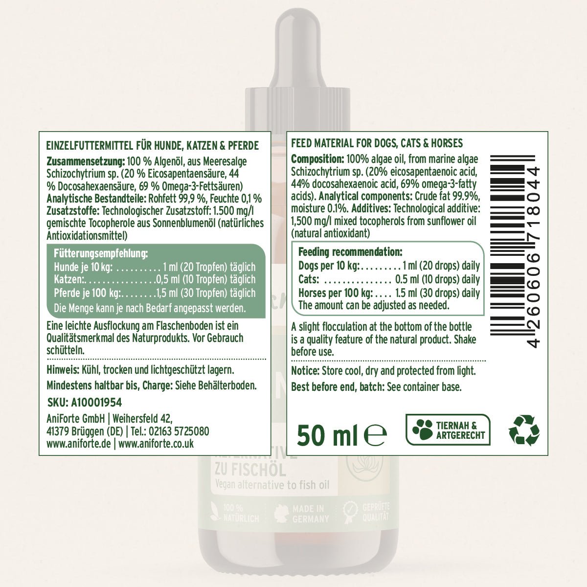 Flasche Algenöl für Hunde Katzen und Pferde als vegane Omega-3-Quelle zur Haut- und Stoffwechselunterstützung
