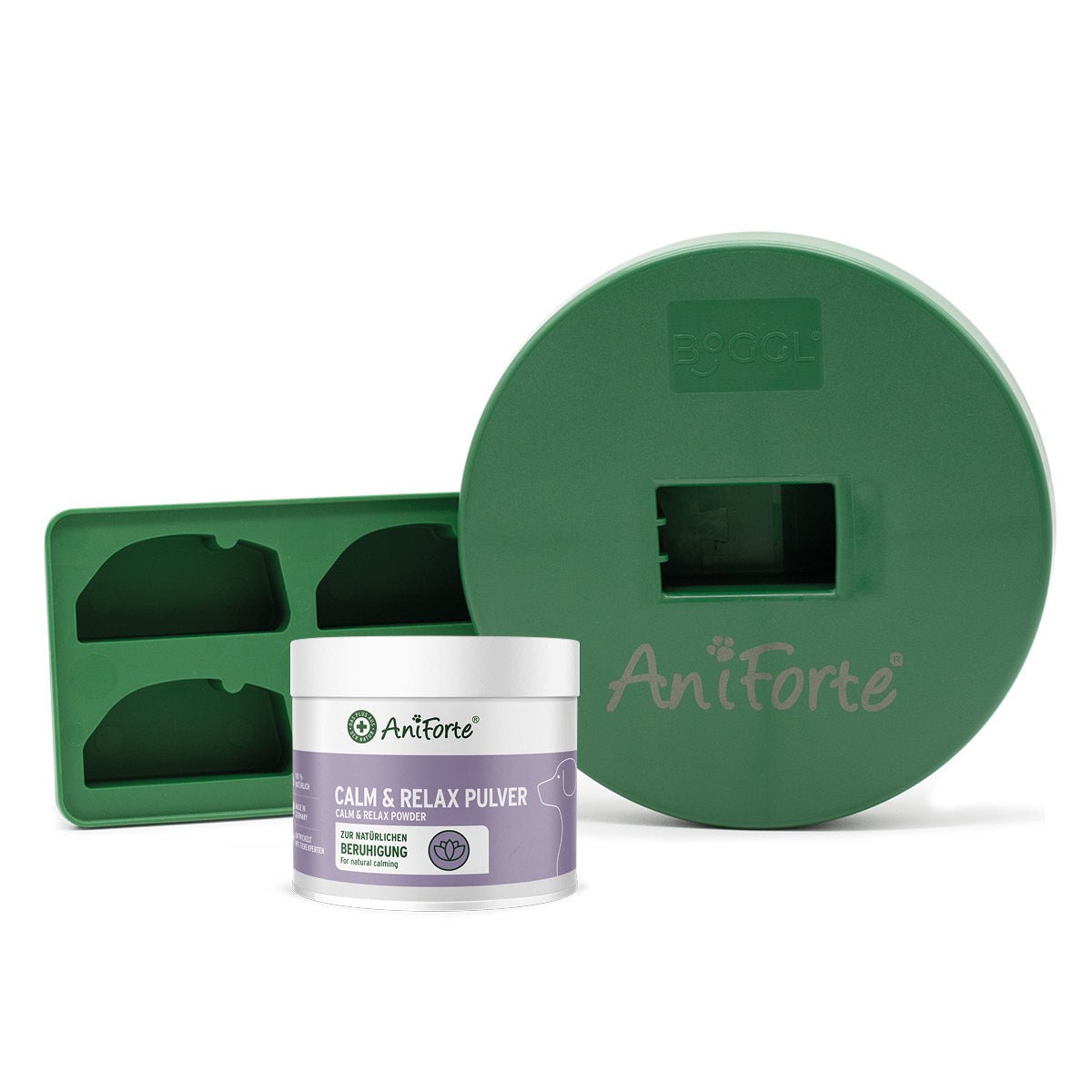 AniForte BOGGL® Bundle mit Schleckspielzeug, Eiswürfelform und beruhigendem Kräuterpulver für Hunde