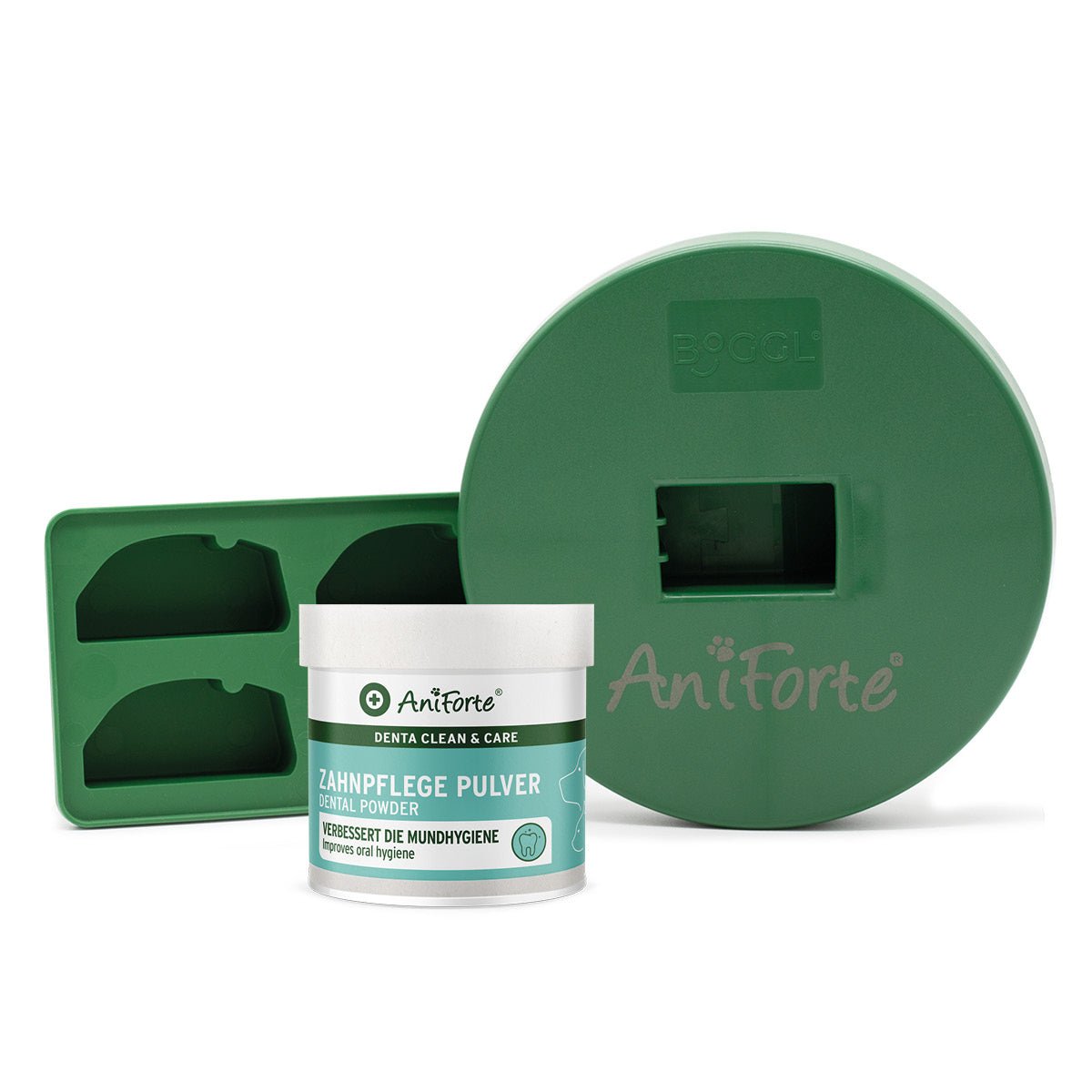 AniForte BOGGL® Bundle mit grünem Balanceboard und Zahnpflege Pulver für Hunde