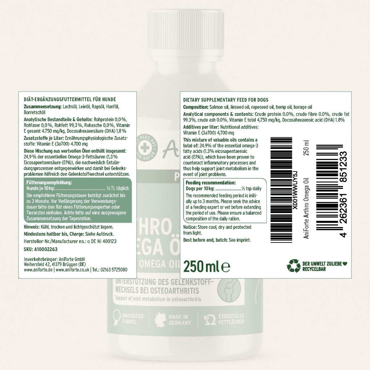 AniForte® plus Arthro Omega Öl zur Unterstützung des Gelenkstoffwechsels bei Hunden, reich an Omega-3-Fettsäuren, 250 ml Flasche