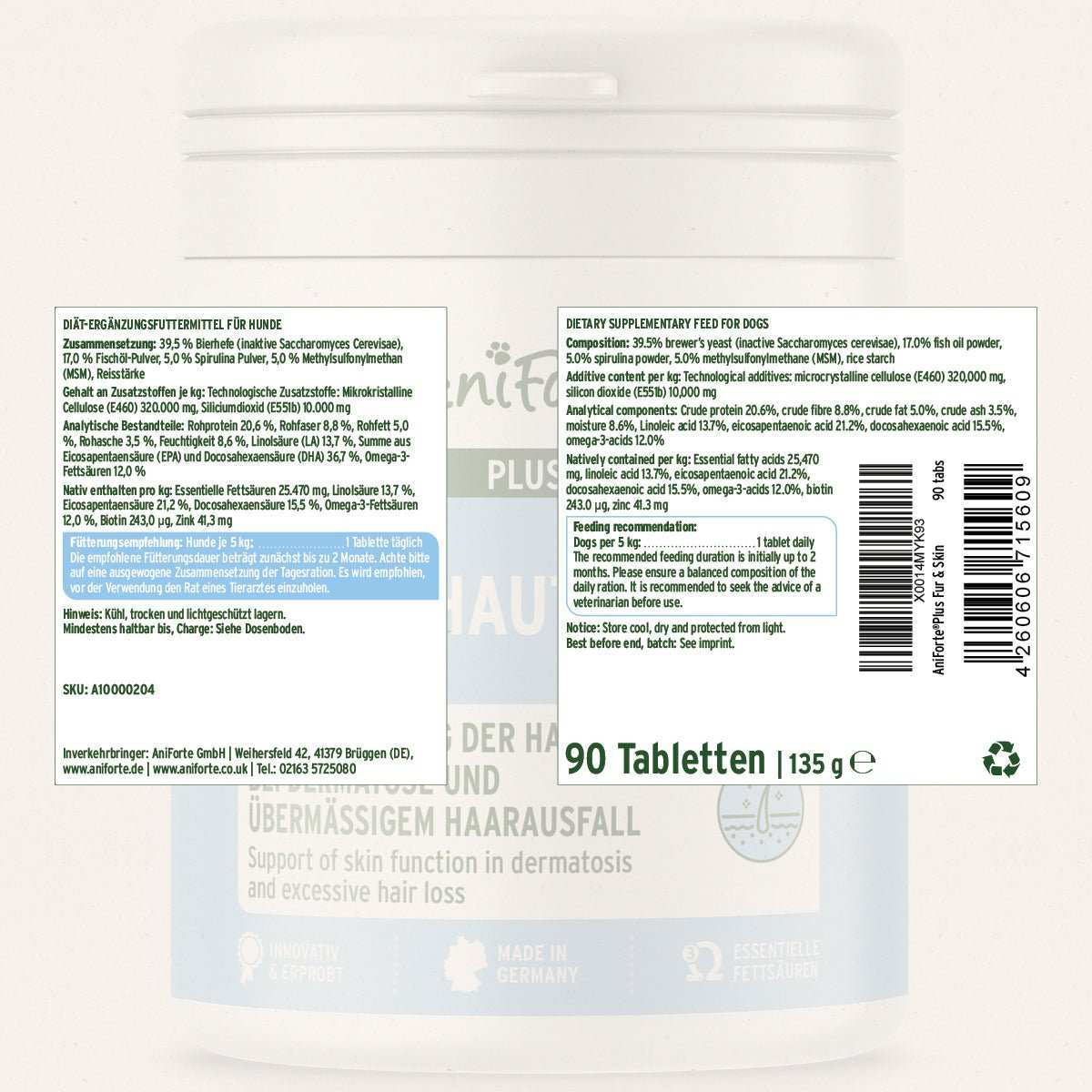 Produktetikett und Dose AniForte® plus Fell & Haut - AniForte
