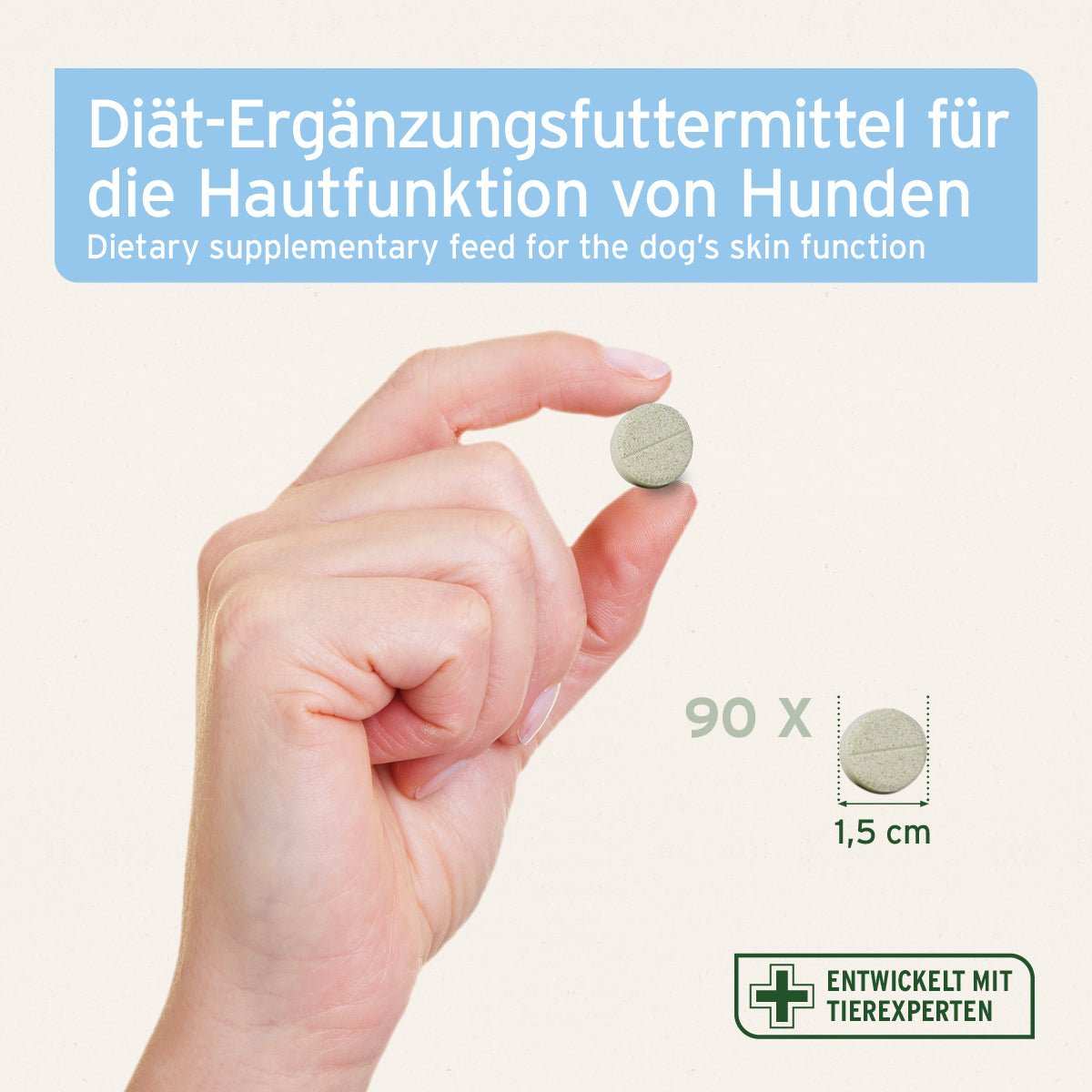 Diät-Ergänzungsfuttermittel für Hunde zur Unterstützung der Hautfunktion, handgehaltene Tablette, 90 Stück, entwickelt mit Tierexperten.