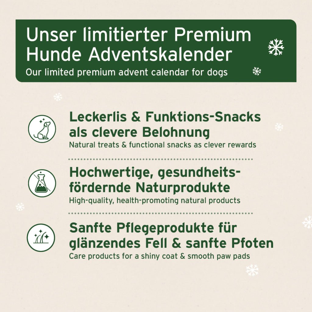 AniForte Premium Adventskalender für Hunde mit natürlichen Leckerlis, gesundheitsfördernden Snacks und Pflegeprodukten für Fell und Pfoten