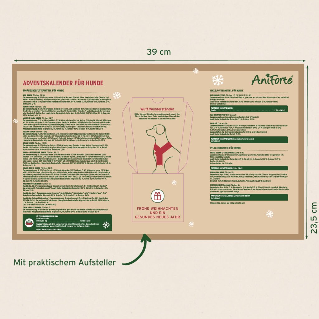 AniForte Premium Adventskalender für Hunde mit natürlichen Leckereien und Pflegeprodukten, 39x23,5 cm, praktischer Aufsteller