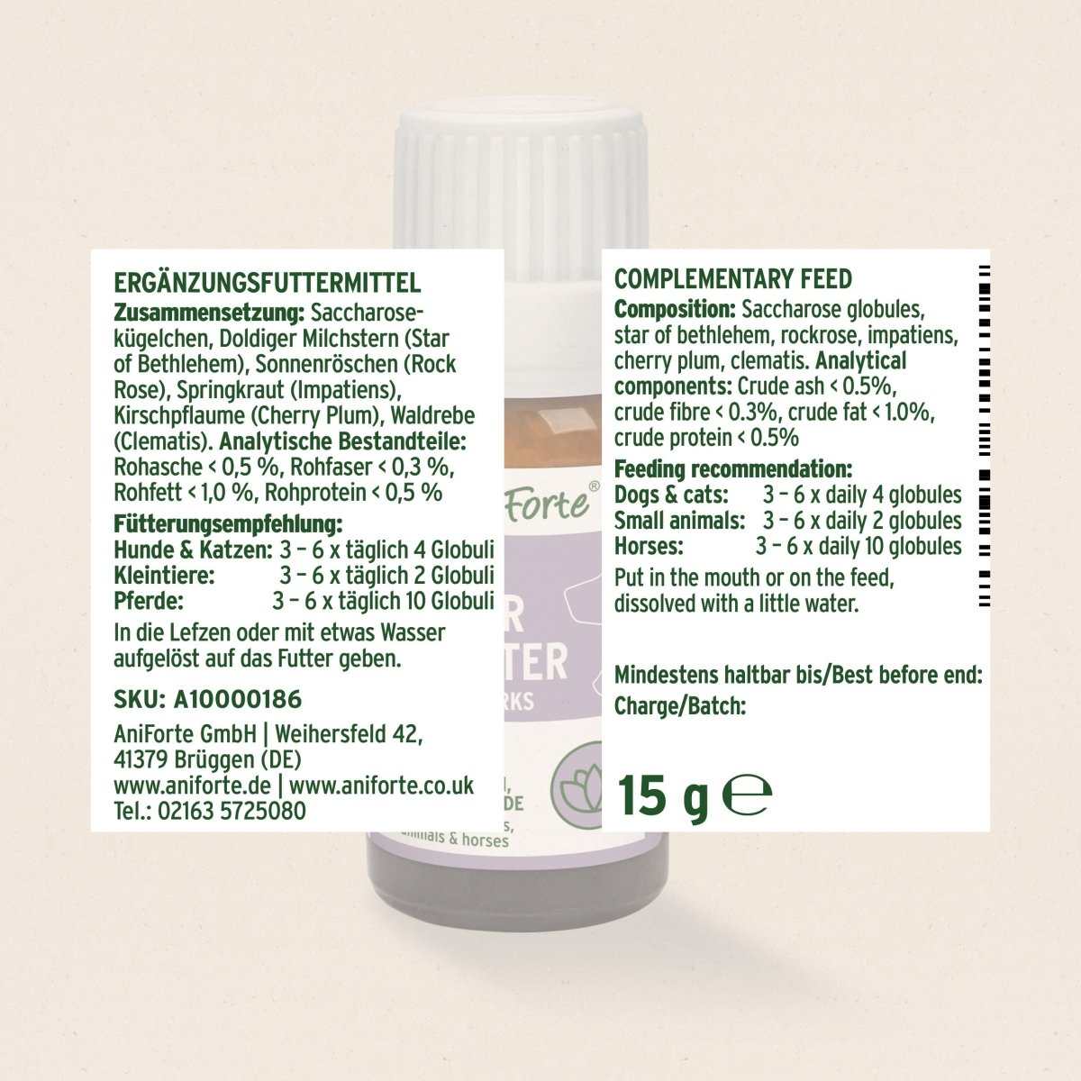 Etikett Bachblüten Gewitter & Silvester mit Flasche im Hintergrund.