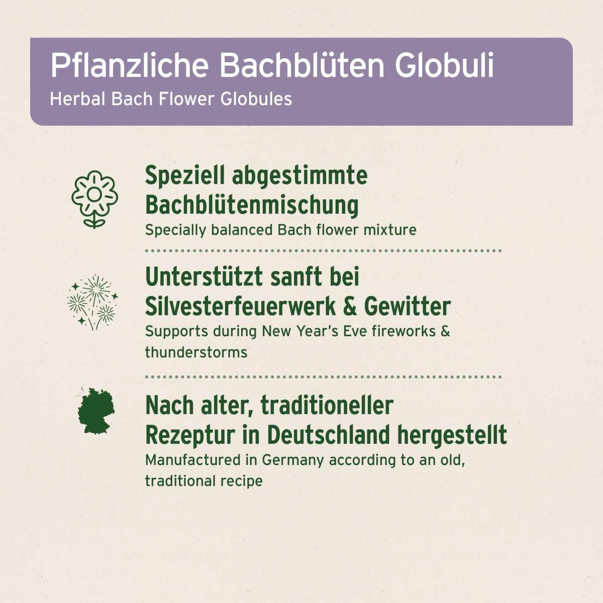Informationsgrafik mit den Vorzügen des Artikels Pflanzliche Bachblüten Globuli für Tiere, speziell bei Silvester und Gewitter, in Deutschland traditionell hergestellt.