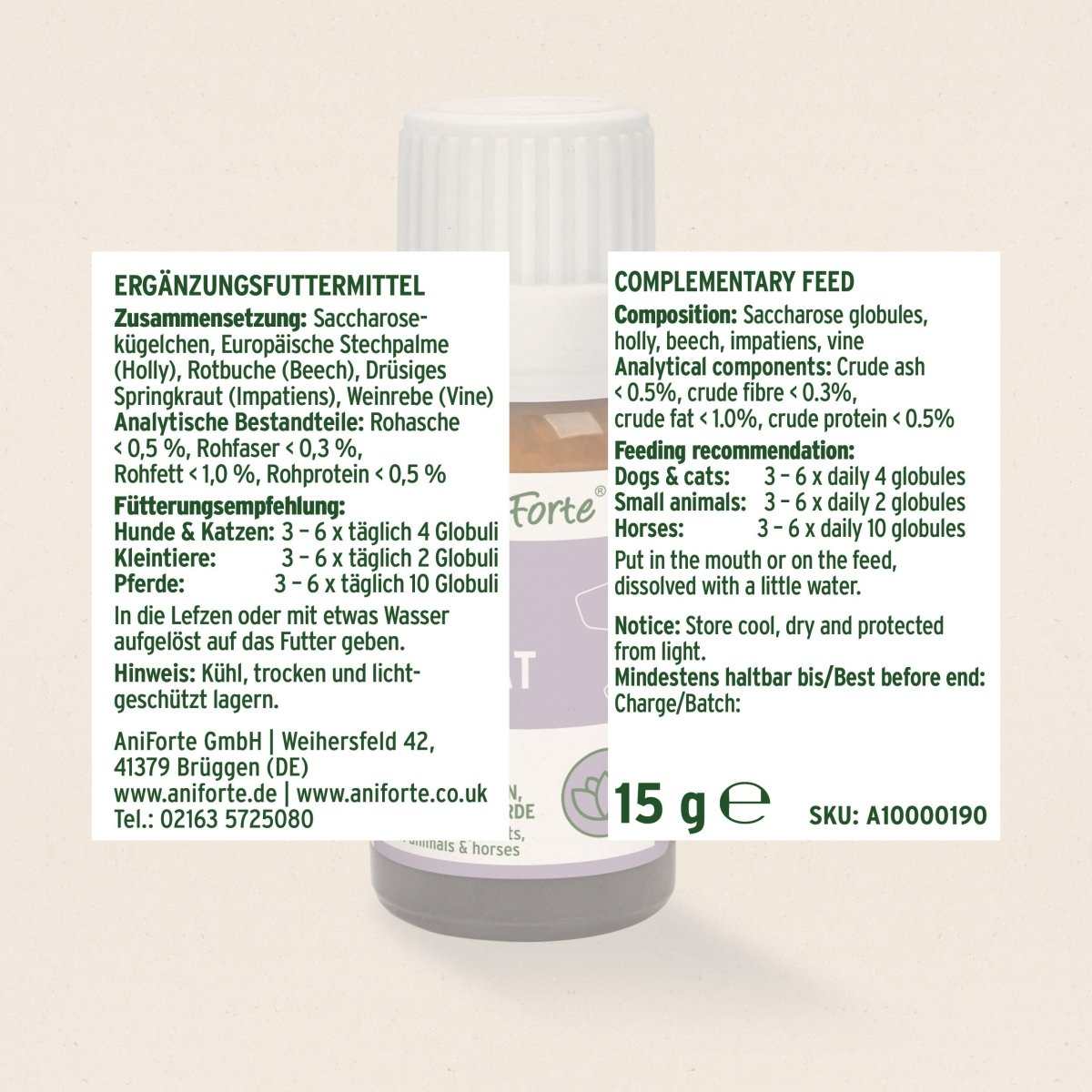 Etikett mit Inhaltsangabe Bachblüten Rivalität und Flasche im Hintergrund.