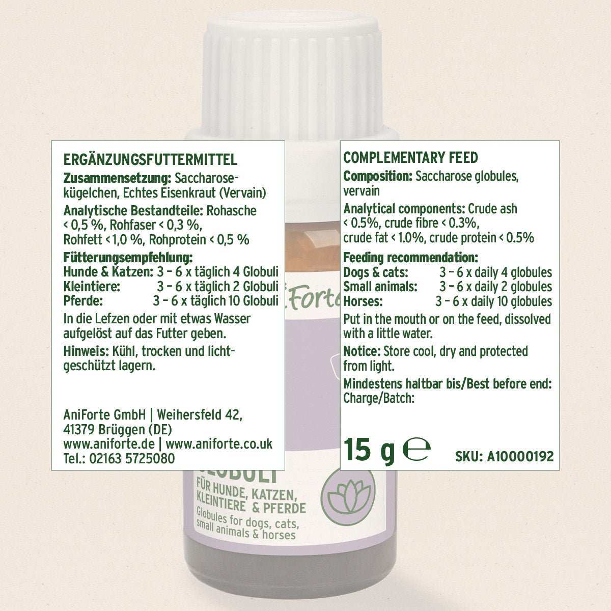 Bachblüten Vervain Globuli für Haustiere gegen Hektik und Hyperaktivität, 15g Packung.