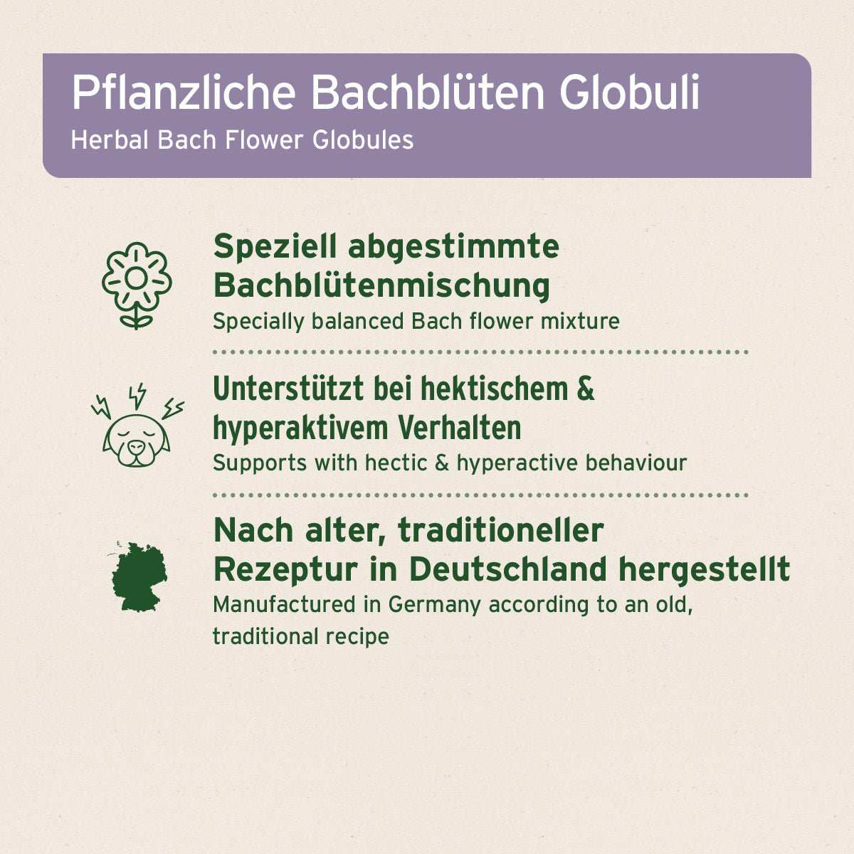 Informationsgrafik Pflanzliche Bachblüten Globuli zur Unterstützung bei hektischem und hyperaktivem Verhalten, nach traditioneller Rezeptur in Deutschland hergestellt.