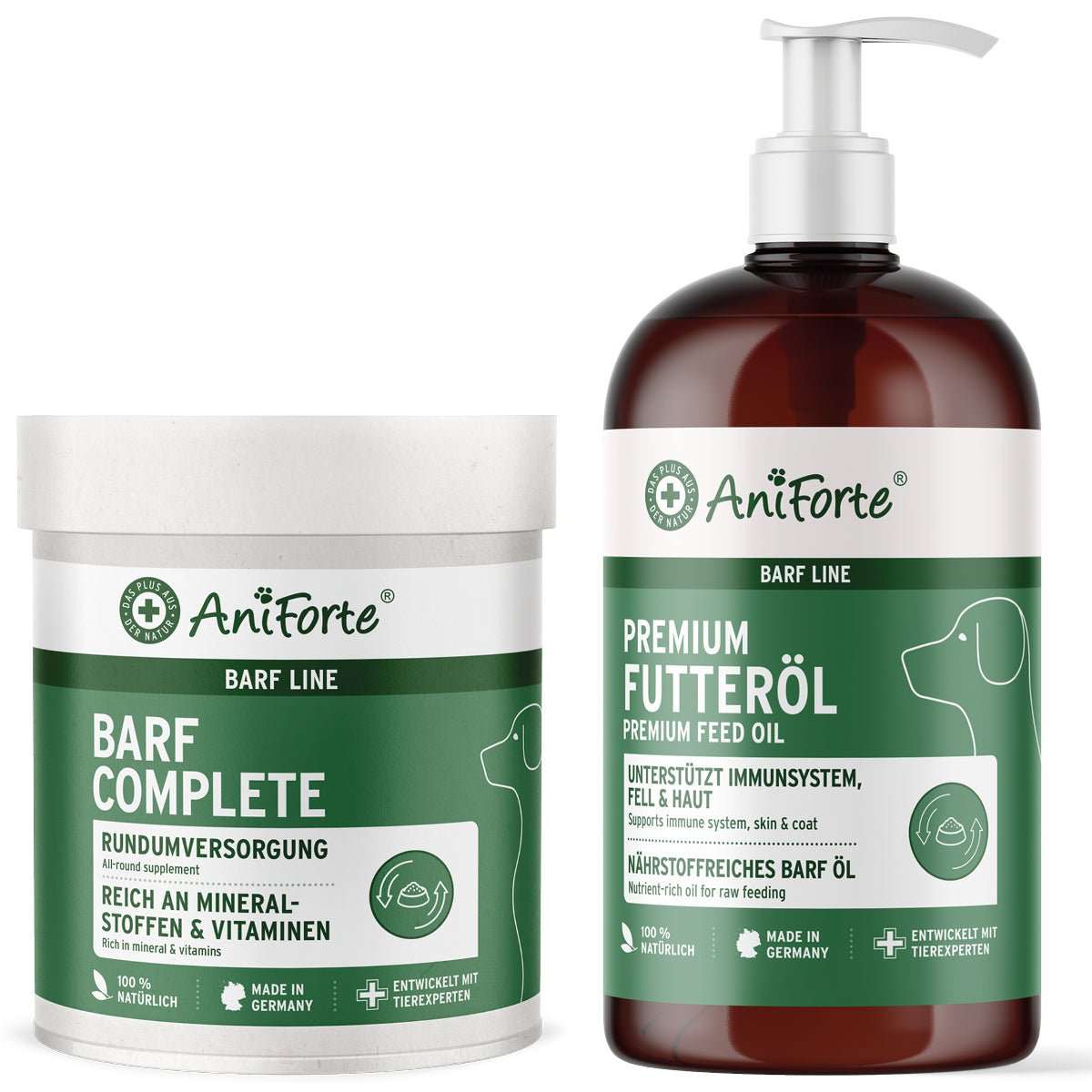 Barf All In Set für Hunde, bestehend aus Barf Complete und Premium Futteröl, für eine ausgewogene Rohfütterung.