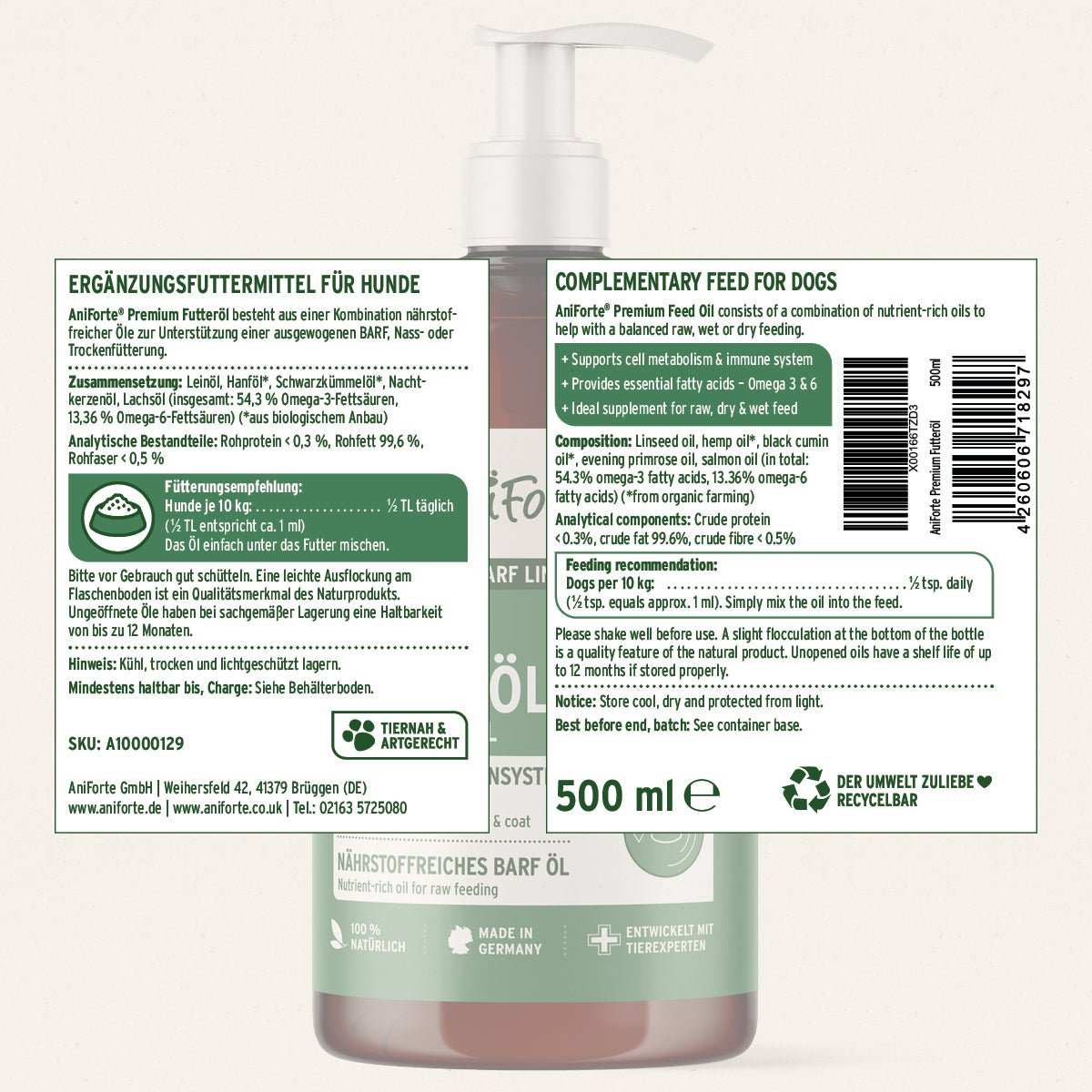 Etikett mit Flasche im Hintergrund Barf All In Set für Hunde, natürliche Rohfütterung, BARF Complete, Premium Futteröl, essenzielle Nährstoffe.