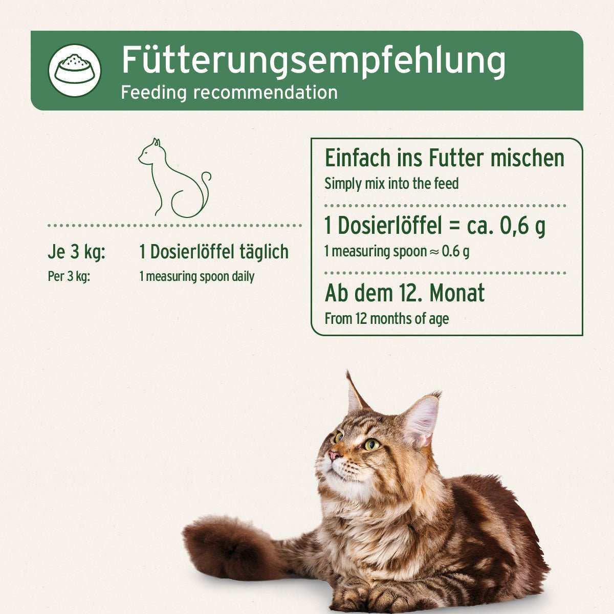 Fütterungsempfehlung für AniForte BARF Complete Cat Pulver, geeignet ab 12 Monaten, mit Dosierungshinweis auf Katze liegend.
