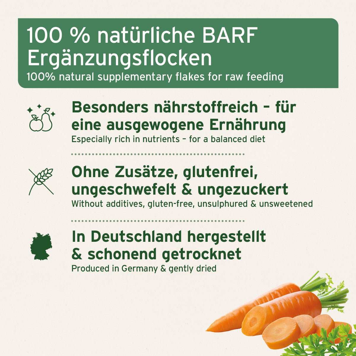 BARF-Line Früchte und Gemüse mit Kräutern, Ergänzungsflocken für Hunde, nährstoffreiche, glutenfreie Mischung aus heimischen Früchten und Gemüsen.