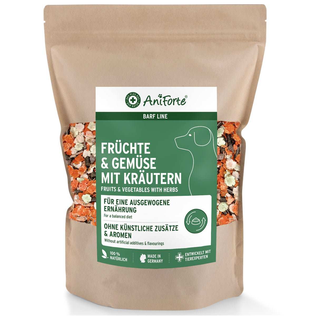 Verpackung BARF-Line Früchte & Gemüse mit Kräutern, glutenfreie Ergänzungsflocken, nährstoffreiche Hundemischung ohne künstliche Zusätze.