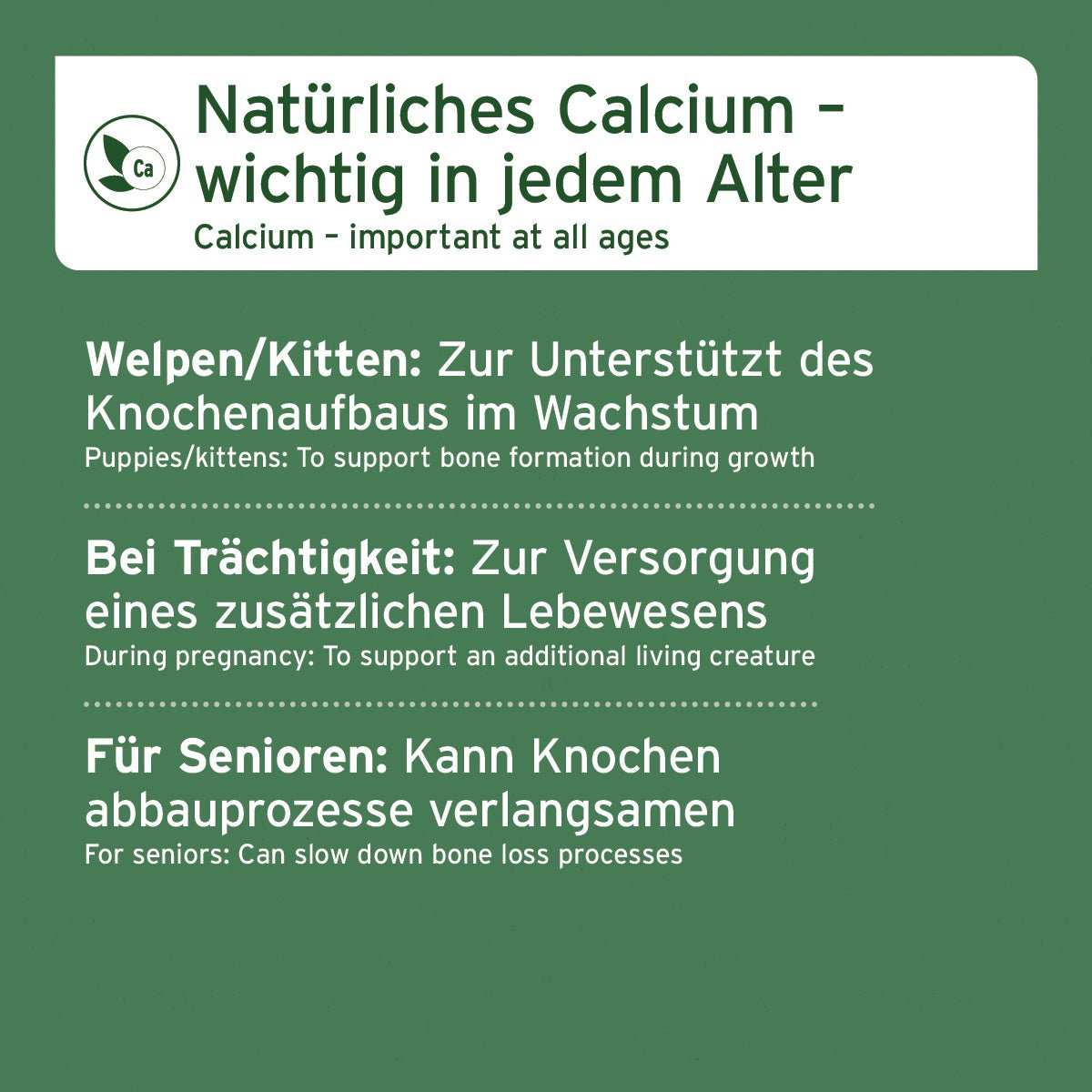 Natürliche Calciumquelle für Hunde und Katzen, ideale Unterstützung für Wachstum, Trächtigkeit und ältere Tiere, 100% aus Pferdeknochen, ohne künstliche Zusätze.