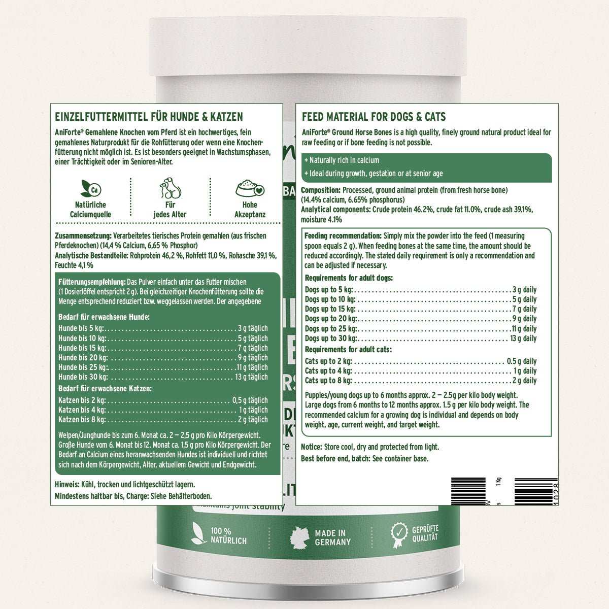 Inhaltsangabe BARF - Line Gemahlene Knochen vom Pferd - AniForte