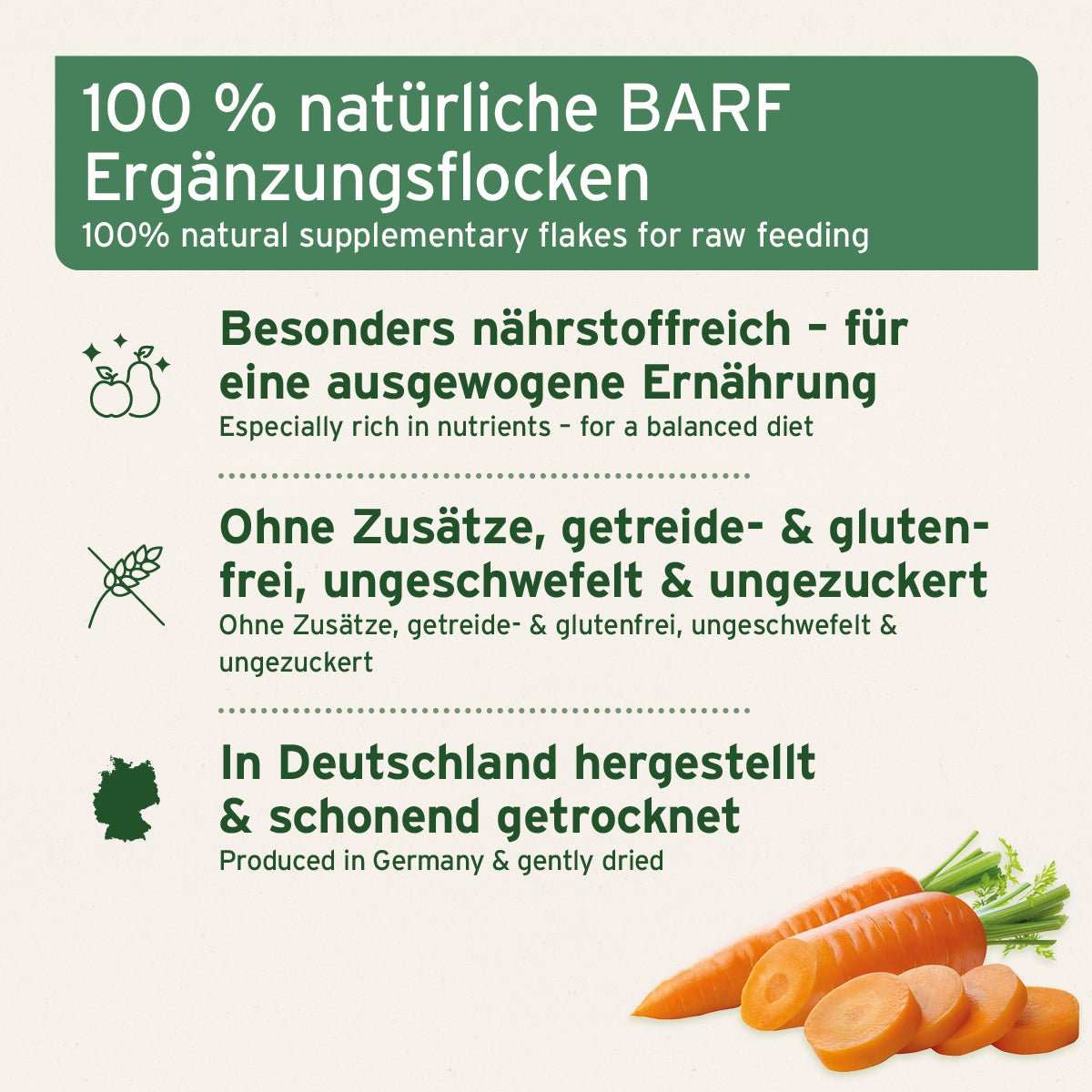 Grafik mit zusätzlichen Informationen BARF - Line Karotten - Möhrenflocken - AniForte