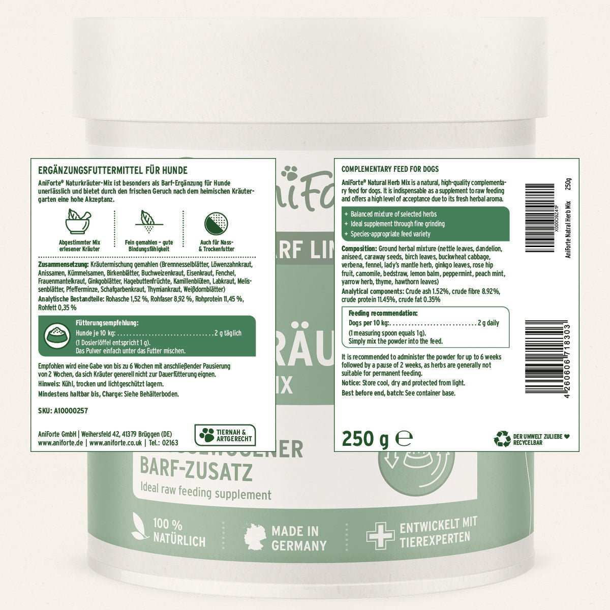 Etikett BARF-Line Naturkräuter-Mix, Ergänzungsfutter für Hunde, 250g Dose, natürliche Kräutermischung für Barf.