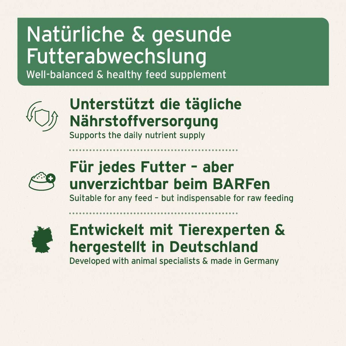 Informationen zum BARF-Line Naturkräuter-Mix für Hunde, ausgewogene Kräutermischung, ideale Barf-Ergänzung, natürliche Zutaten, in Deutschland hergestellt.