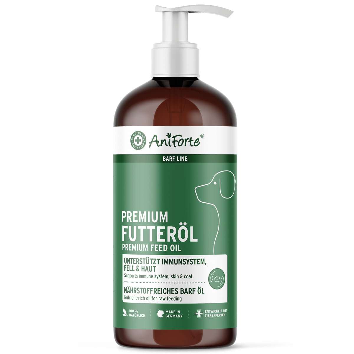 Premium Futteröl für Hunde von AniForte, BARF-Line, unterstützt Haut und Fell, reich an Omega-Fettsäuren.