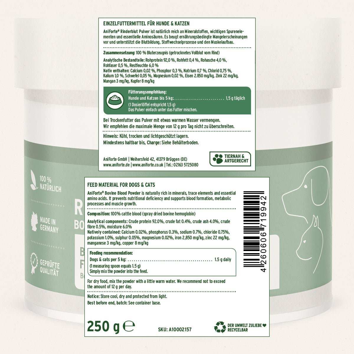 Etikett BARF-Line Rinderblutpulver in weißer Verpackung, idealer BARF-Zusatz für Hunde und Katzen, enthält Hämoglobin und essentielle Aminosäuren, 250 g.