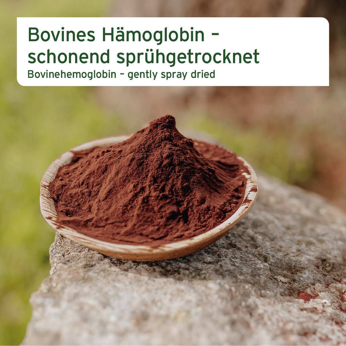 Rinderblut Pulver in Holzschale, idealer BARF-Zusatz für Hunde und Katzen, reich an Hämoglobin und Mineralstoffen.