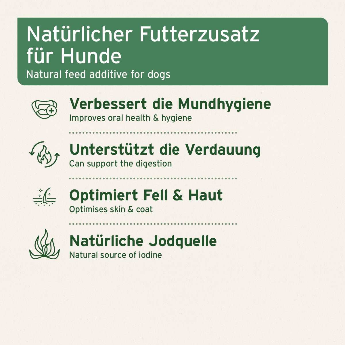 Grafik Natürliches Futterzusatzschild für Hunde mit den Vorteilen: verbessert Mundhygiene, unterstützt Verdauung, optimiert Fell & Haut, natürliche Jodquelle.