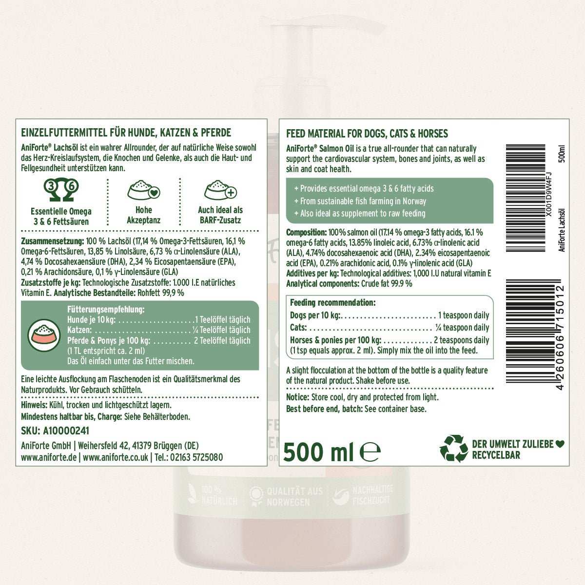 Etikett mit Flasche BARF - Öl Set mit Lachsöl, Leinöl & Hanföl - AniForte