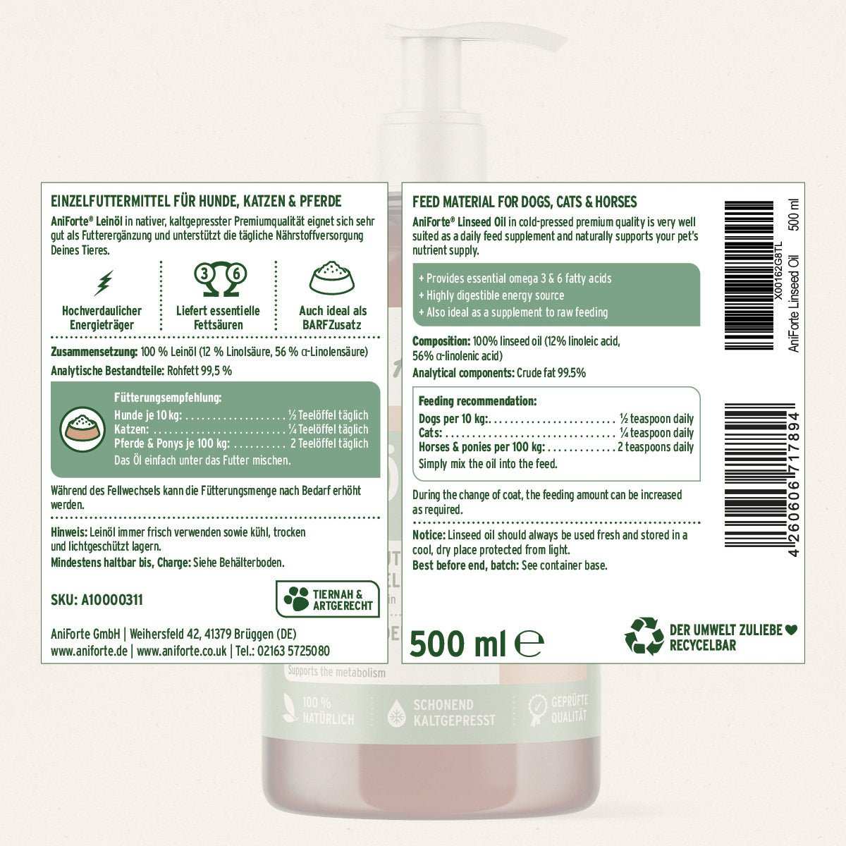 Etikett mit FLasche BARF - Öl Set mit Lachsöl, Leinöl & Hanföl - AniForte