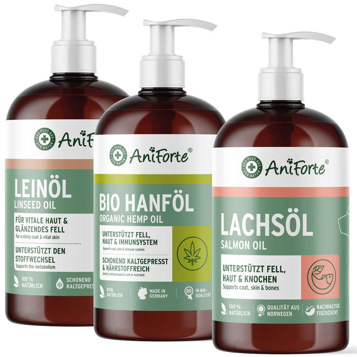 BARF-Öl Set mit Lachsöl, Leinöl und Hanföl in PET-Flaschen für Haustiere, unterstützt Fellgesundheit und Immunsystem.