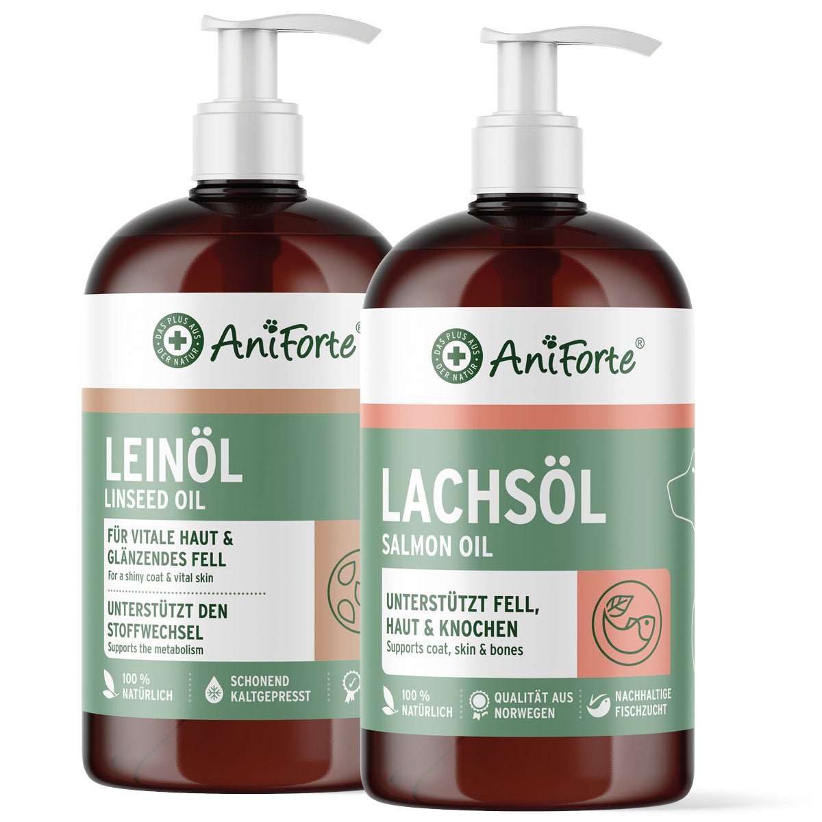 BARF-Öl Set mit Leinöl & Lachsöl für Hunde, Katzen und Pferde, je 500 ml, enthält Omega-3 Lachsöl und α-Linolensäure für Stoffwechsel und Fellpflege.