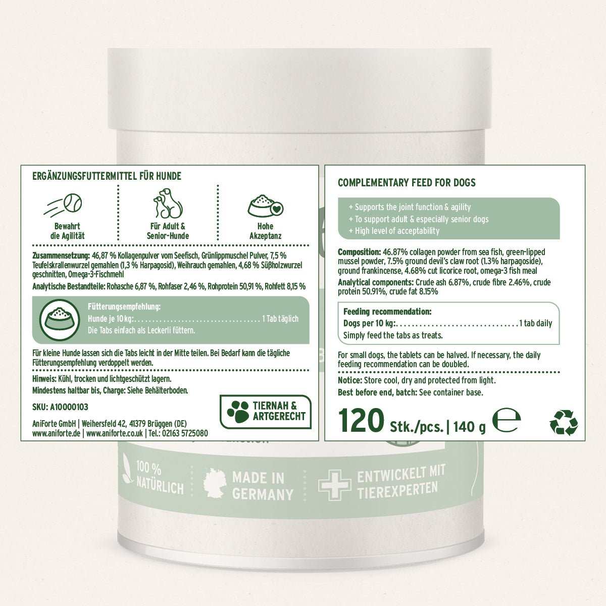 Kombi Set für Hunde mit Lachsöl und Agility Vet Tabletten zur Unterstützung von Beweglichkeit und Vitalität, 120 Stück, 140 g.