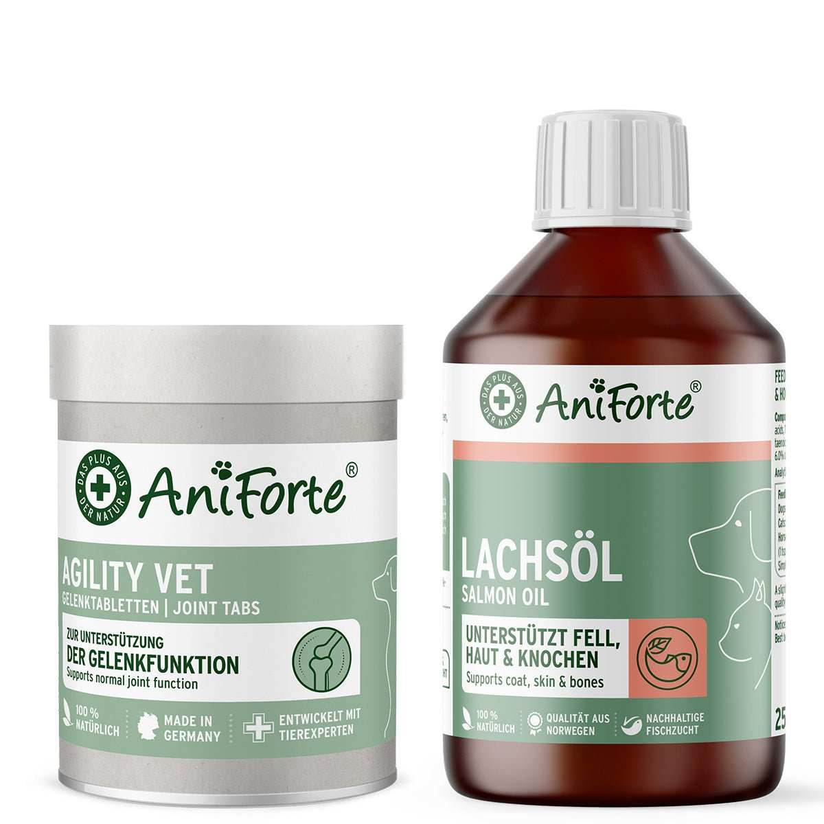 AniForte Kombi-Set für Hunde mit Lachsöl und Agility Vet Tabletten zur Unterstützung von Bewegungsapparat und Gelenken.