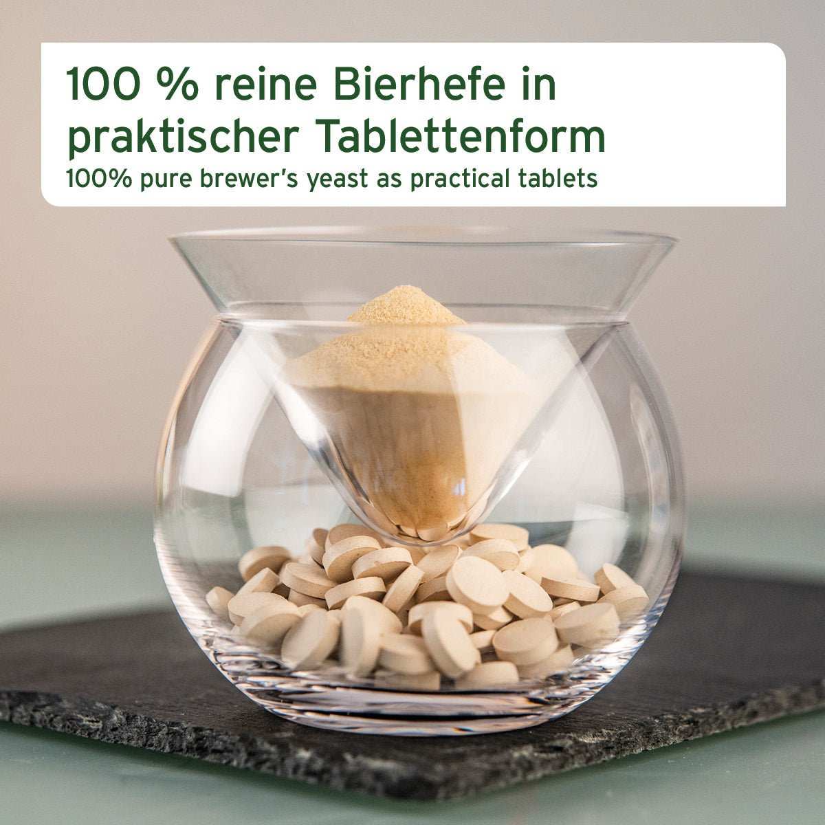 Bierhefe Tabs im Glas mit Infotext - AniForte