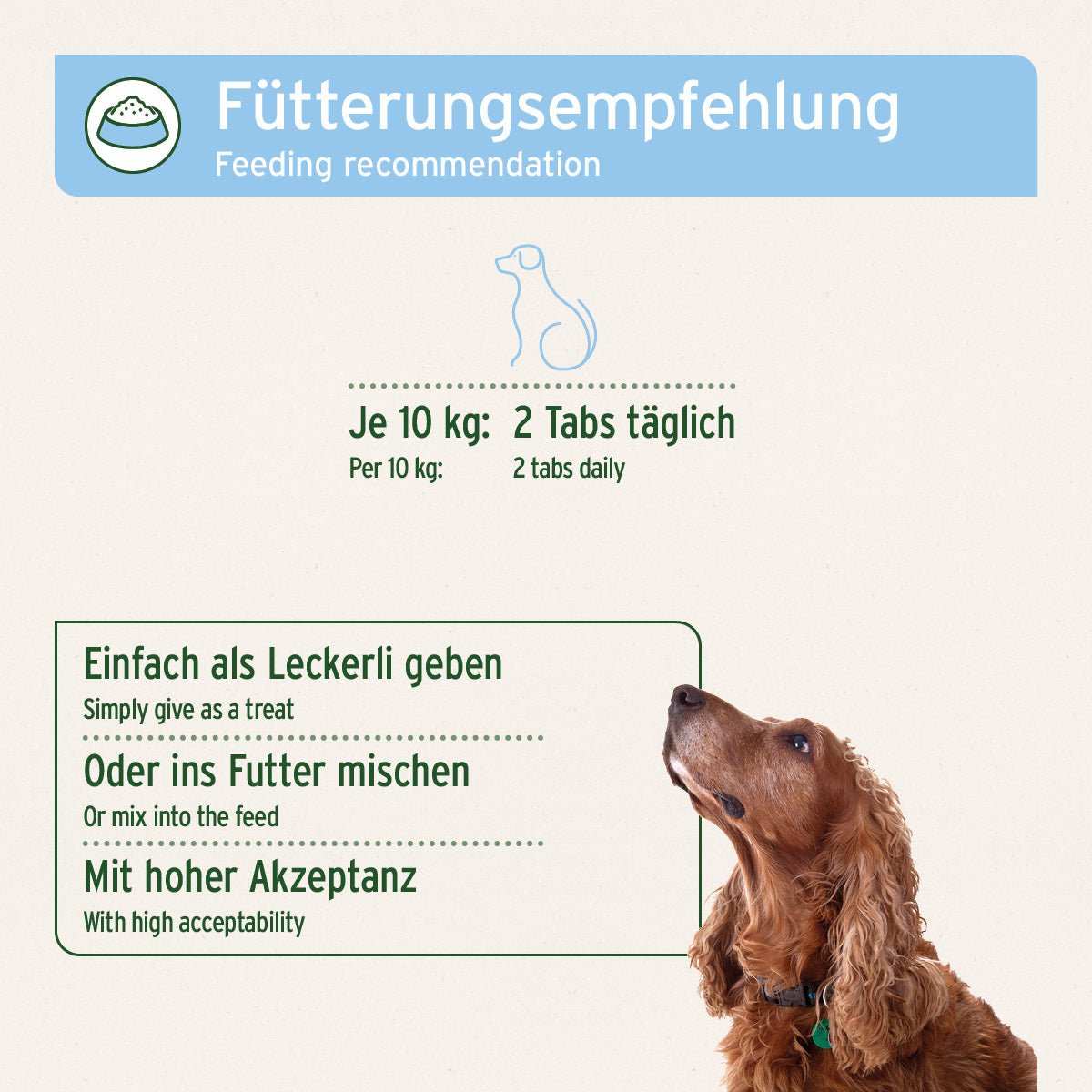 Grafik mit zusätzlichen Informationen Bierhefe Tabletten für Hunde, unterstützt Fell und Haut, Fütterungsempfehlung: 2 Tabs täglich pro 10