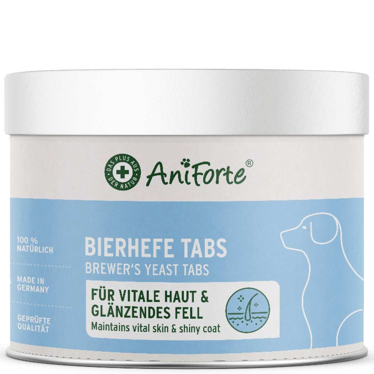 Dose AniForte Bierhefe Tabs für Hunde, 100% natürliche Tabletten, unterstützt Haut und Fell, hergestellt in Deutschland.