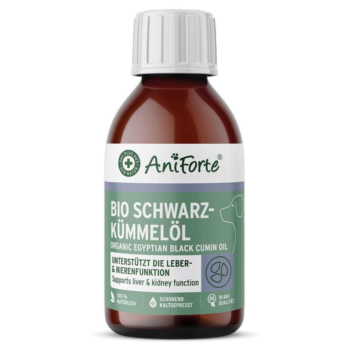 Bio Ägyptisches Schwarzkümmelöl für Hund & Pferd in brauner Flasche, unterstützt Immunsystem, Nieren- und Leberfunktion, kaltgepresste Qualität.