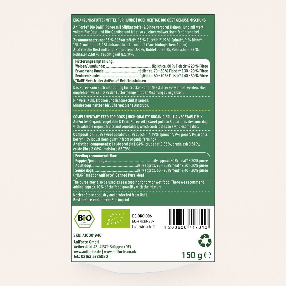 Bio BARF-Püree 3er Probier-Set für Hunde, Mixpaket aus Obst und Gemüse, Sorten: Süßkartoffel & Birne, Fenchel & Mango, Karotte & Cranberry.