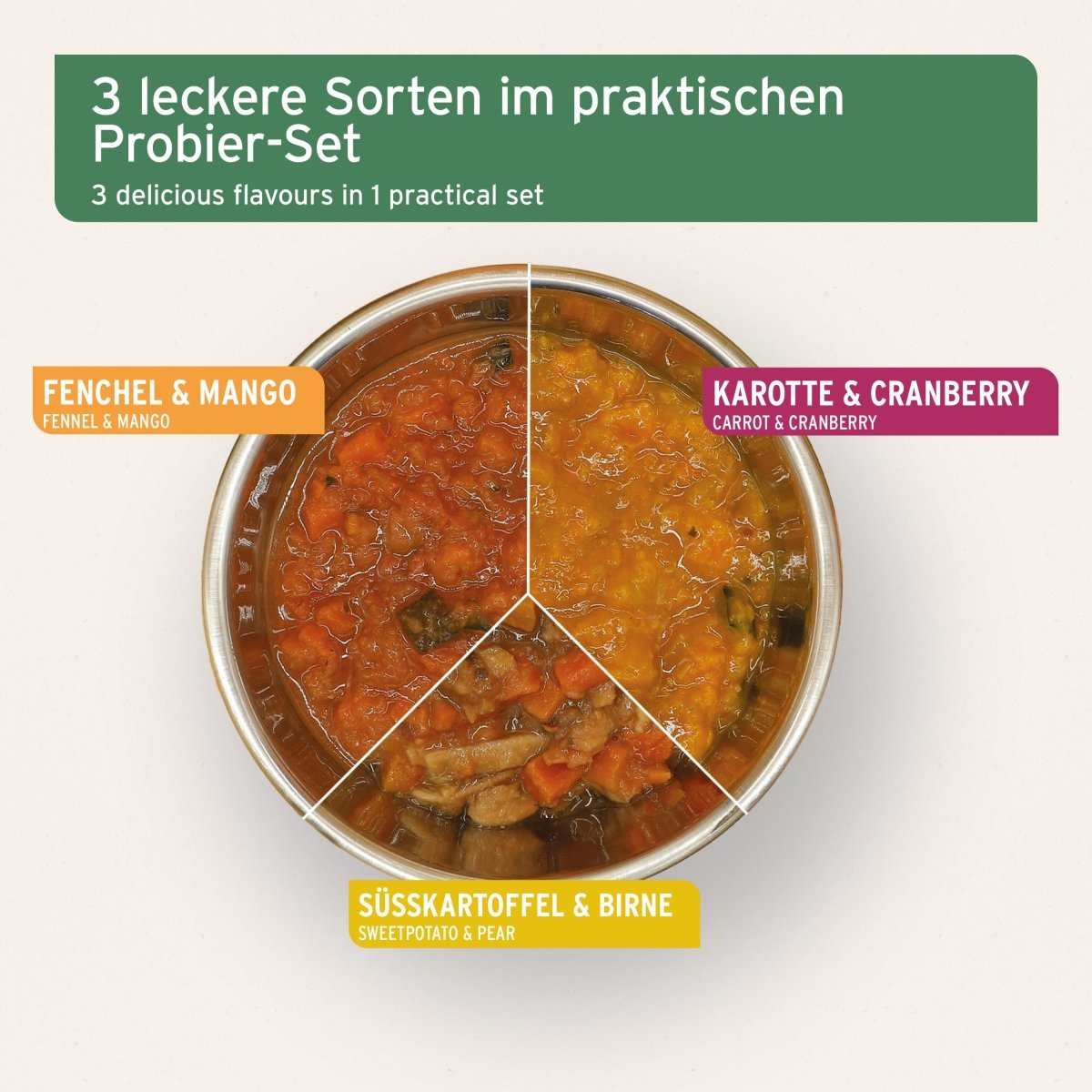 Bio BARF-Püree 3er Probier-Set mit Obst und Gemüse, Sorten Süßkartoffel & Birne, Fenchel & Mango, Karotte & Cranberry.