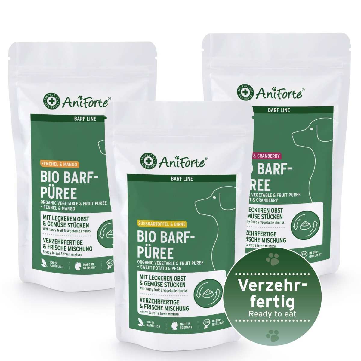 Bio BARF-Püree 3er Probier-Set with organic fruit and vegetable mixes for dogs.