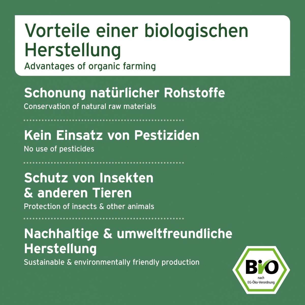 Vorteile der biologischen Herstellung von AniForte® Bio BARF-Püree: Schonung natürlicher Rohstoffe, kein Einsatz von Pestiziden, Schutz von Insekten und anderen Tieren, nachhaltige und umweltfreundliche Produktion.