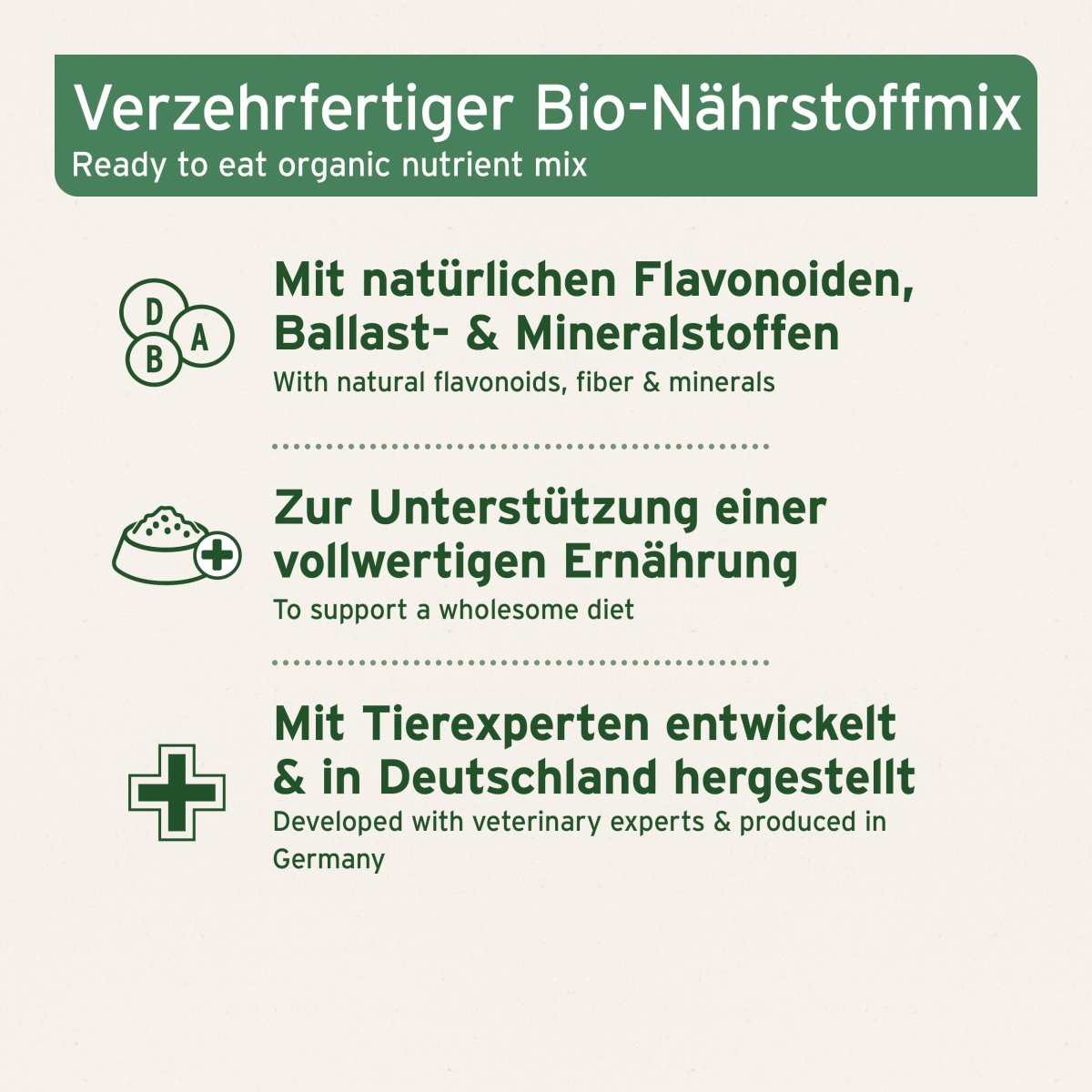 Bio BARF-Nährstoffmix für Hunde mit natürlichen Flavonoiden, Ballaststoffen und Mineralstoffen, entwickelt von Tierexperten in Deutschland.
